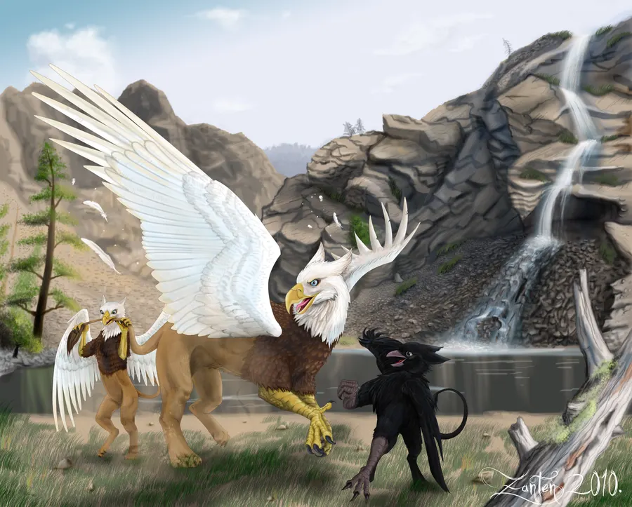 A large antlered griffin with two smaller companions in a rocky landscape beside a waterfall