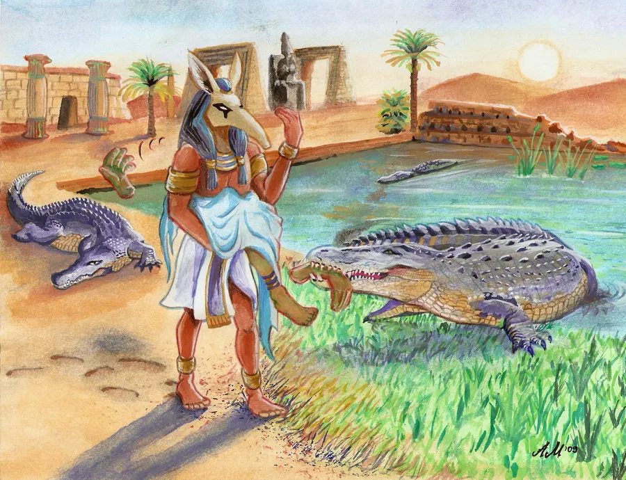 An Anubis-like figure feeding crocodiles on the banks of a river with Egyptian architecture beyond