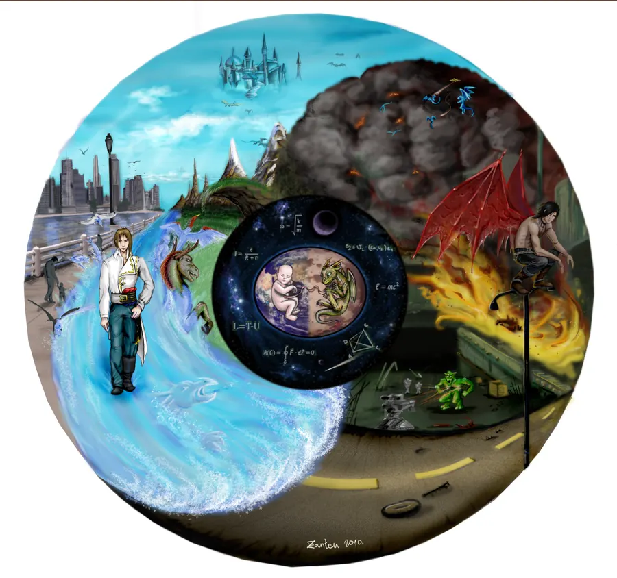 Circular illustration split between a bright fantasy water world and a dark volcanic industrial world