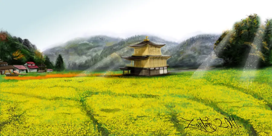 A golden Japanese pagoda in a field of yellow flowers with sunbeams and misty mountains