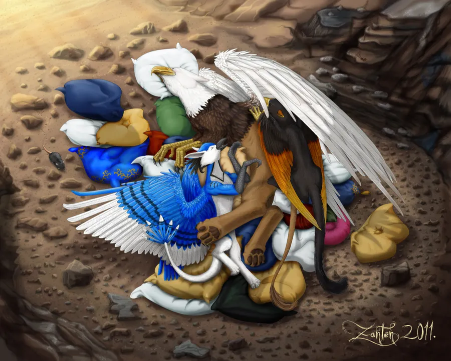 Three griffin-like creatures sleeping together on a pile of colorful pillows in a sunlit cave