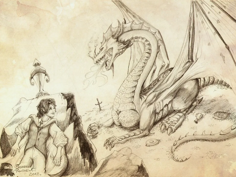 Pencil drawing of a reclining dragon facing a young adventurer, with a treasure cup, chest, and scattered gold