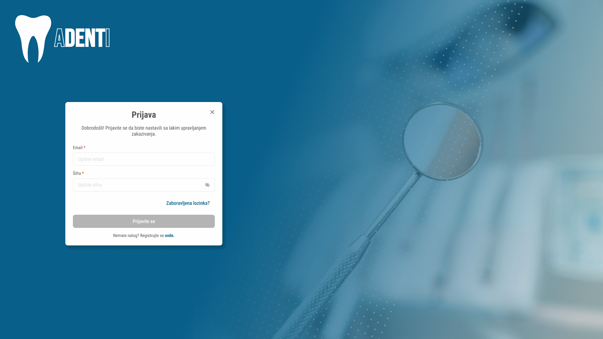 ADENTI desktop sign-in screen with branding and introductory copy beside the login form
