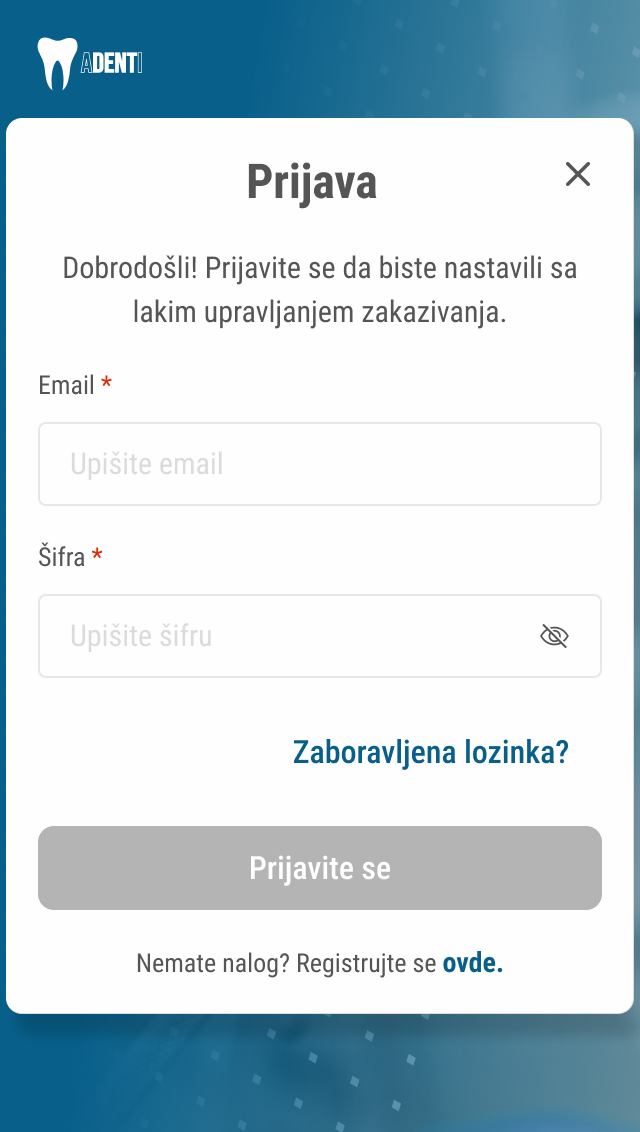 ADENTI mobile sign-in screen with a compact logo and the login form brought forward