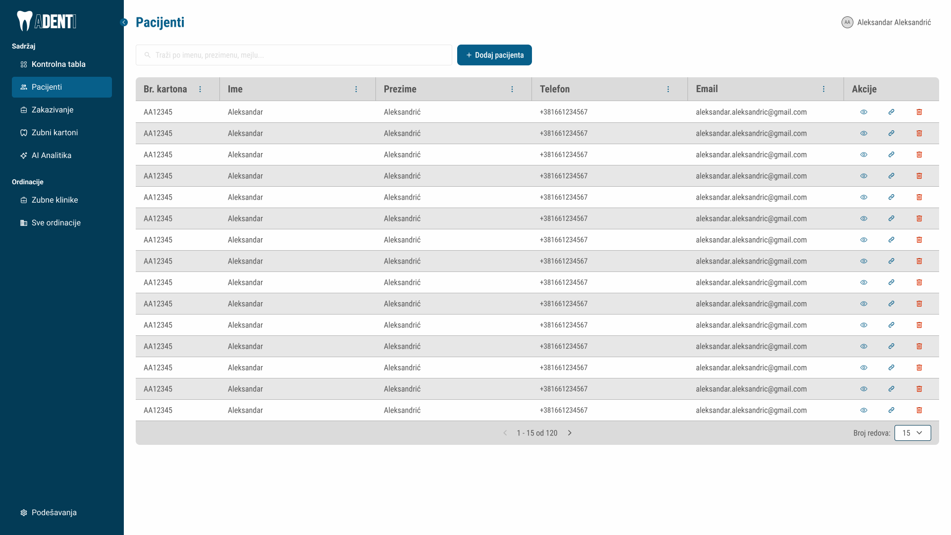 ADENTI desktop patient list with a persistent sidebar and a table of patient records