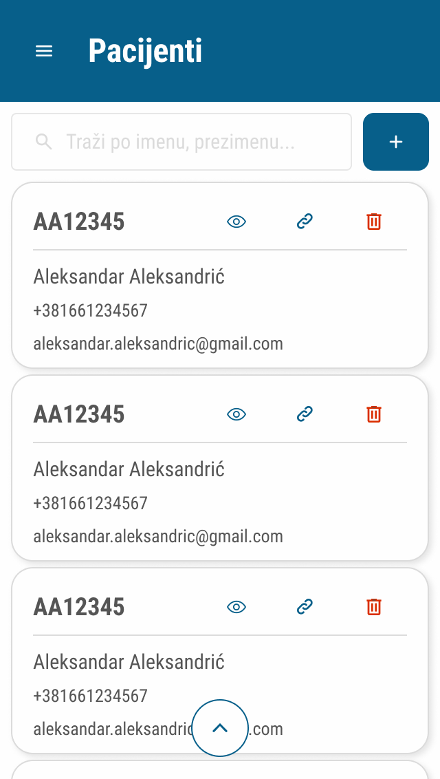 ADENTI mobile patient list with a menu button, search, and individual patient cards