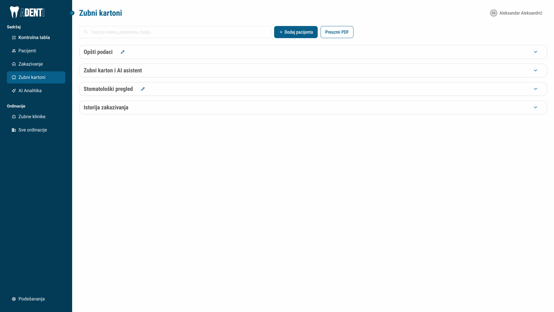 ADENTI dental record with collapsed sections for general data, the chart, the exam, and appointment history