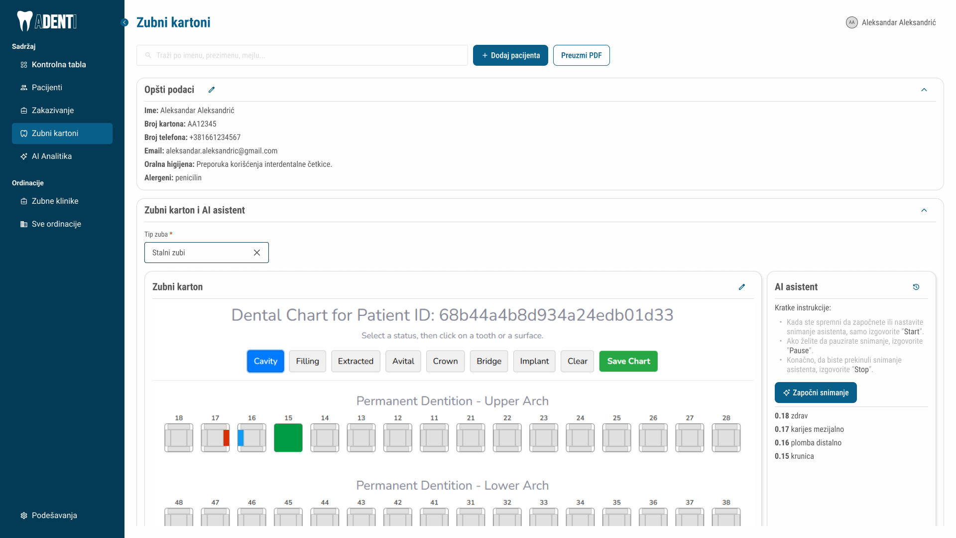 ADENTI dental record with a section expanded to show patient details and the dental chart