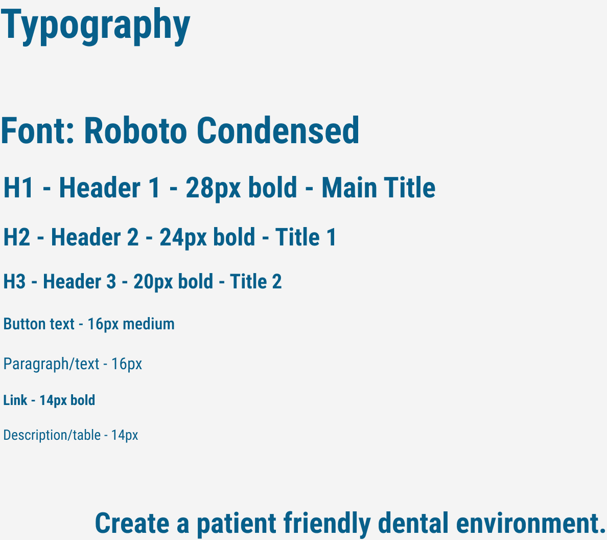 ADENTI style guide crop showing the Roboto Condensed type scale for titles, buttons, and body text