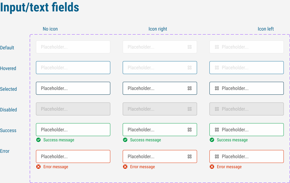 ADENTI style guide crop showing input fields in default, hover, selected, disabled, success, and error states