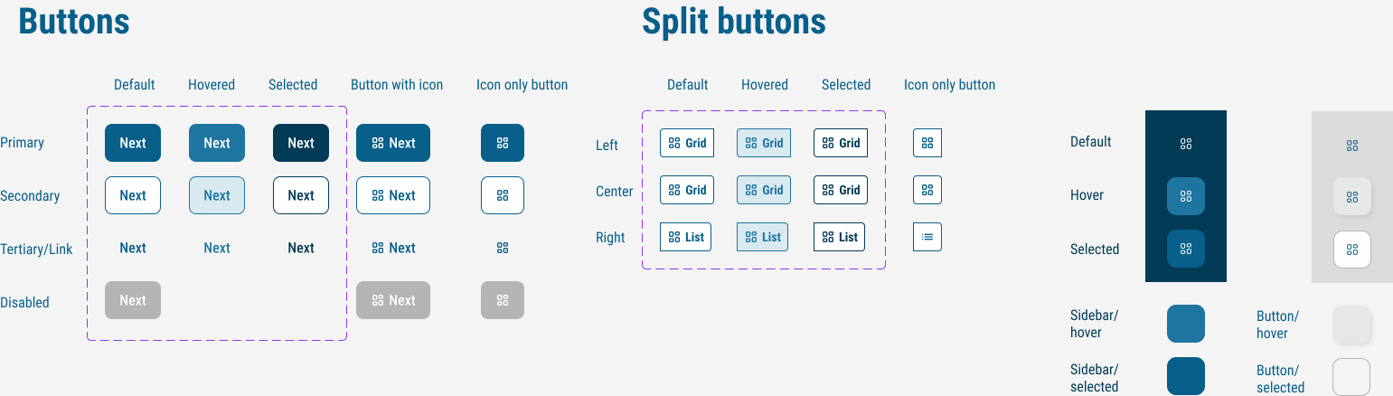 ADENTI style guide crop showing primary, secondary, and tertiary buttons across default, hover, and selected states