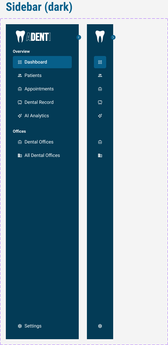 ADENTI style guide crop showing the dark sidebar in expanded and compact navigation states