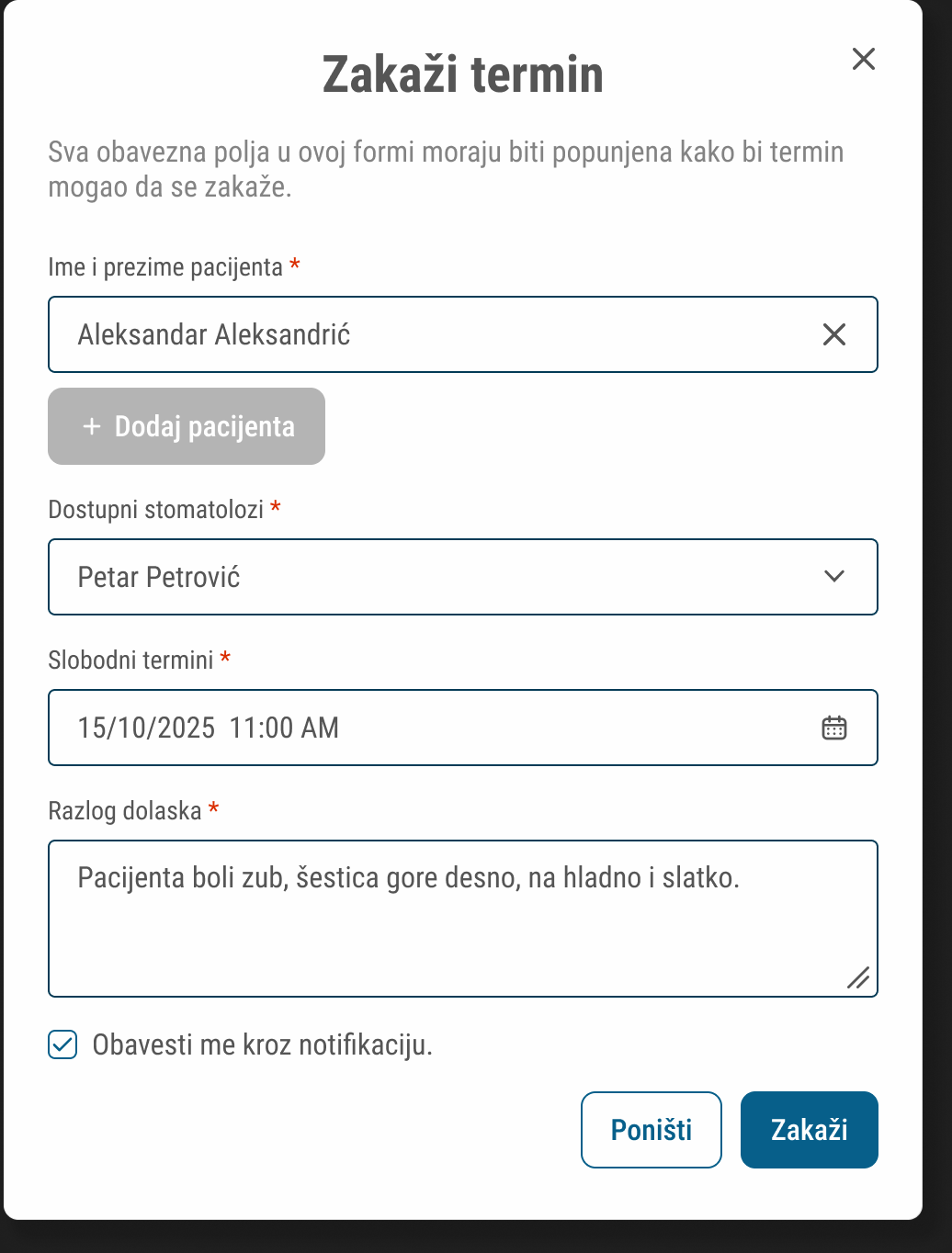ADENTI appointment form filled with an existing patient's name, dentist, time, and reason for the visit