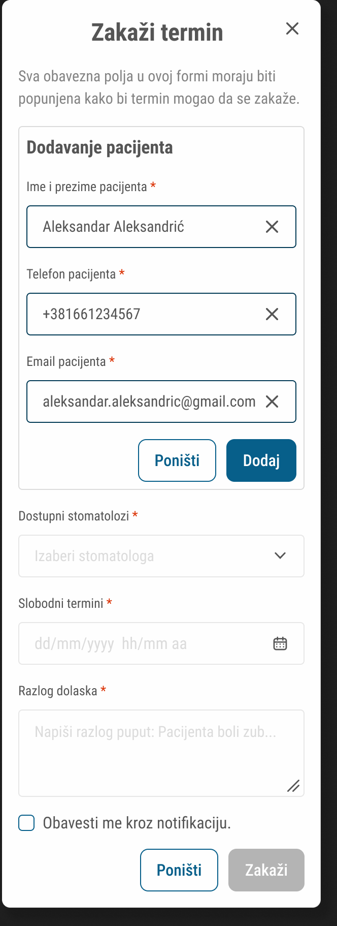 ADENTI mobile appointment form with an embedded section for entering a new patient's name, phone, and email