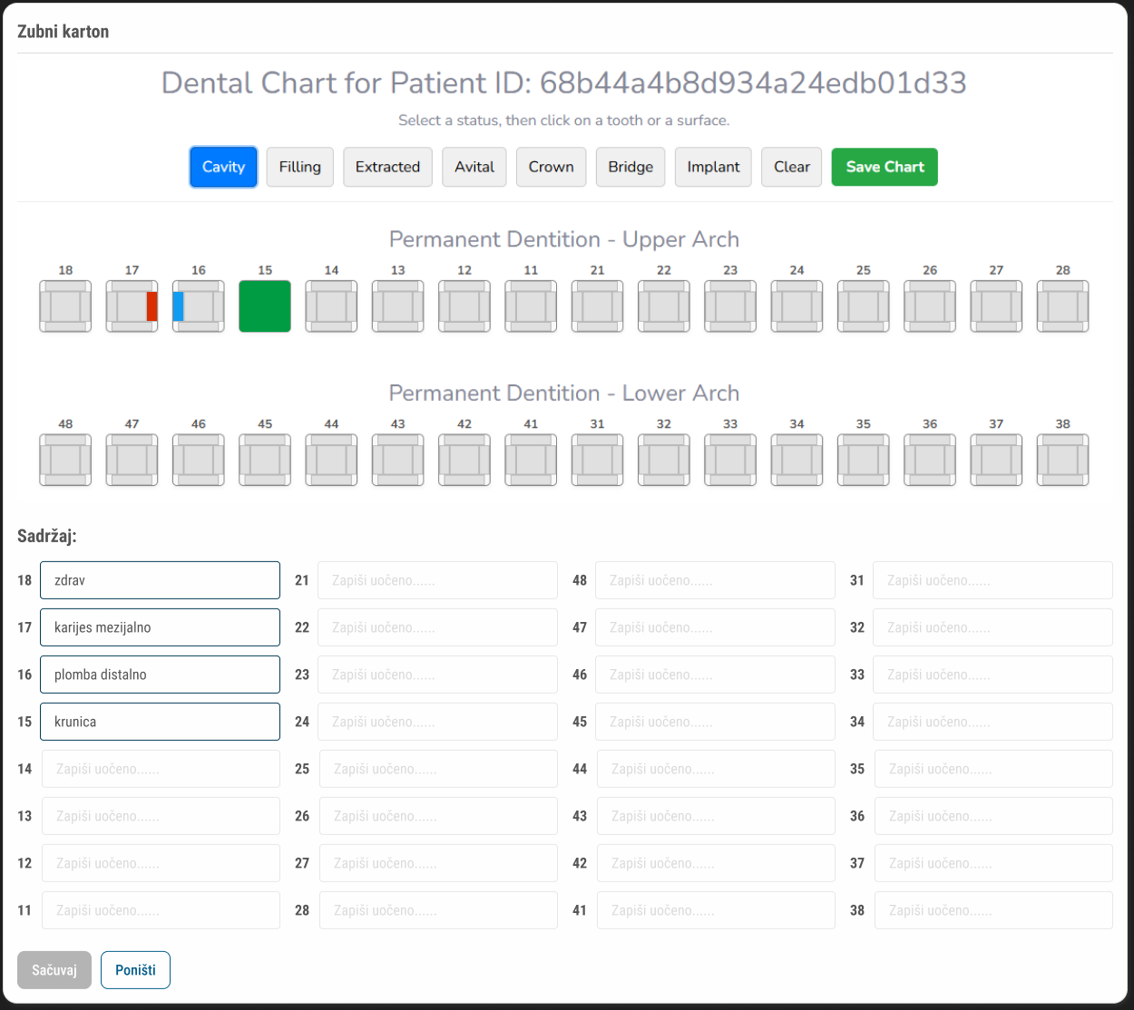 ADENTI dental chart edit mode with tooth status, notes for individual teeth, and save and cancel actions