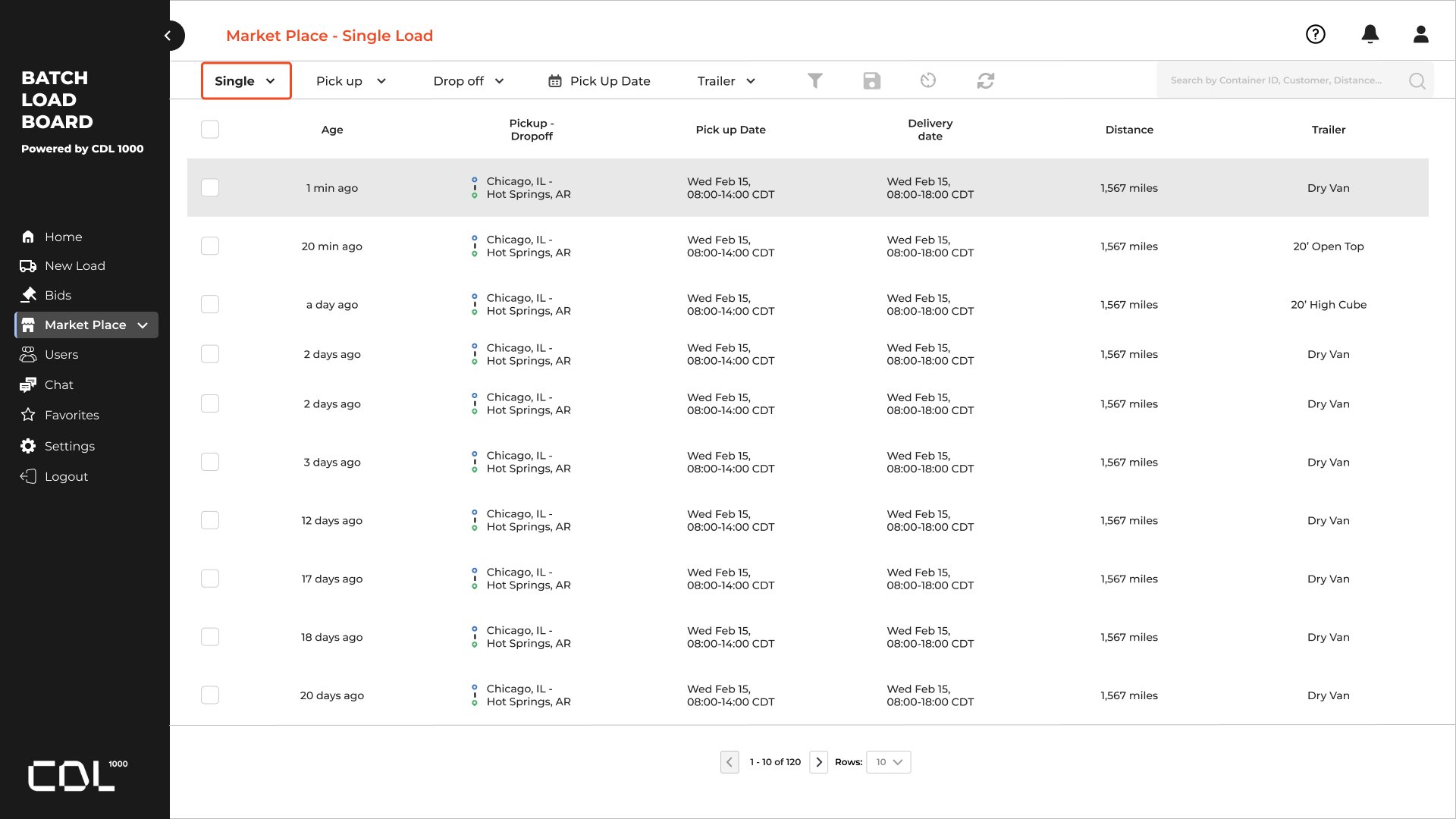 Demurrage Dash single-load list with filters for pickup, drop-off, date, and trailer