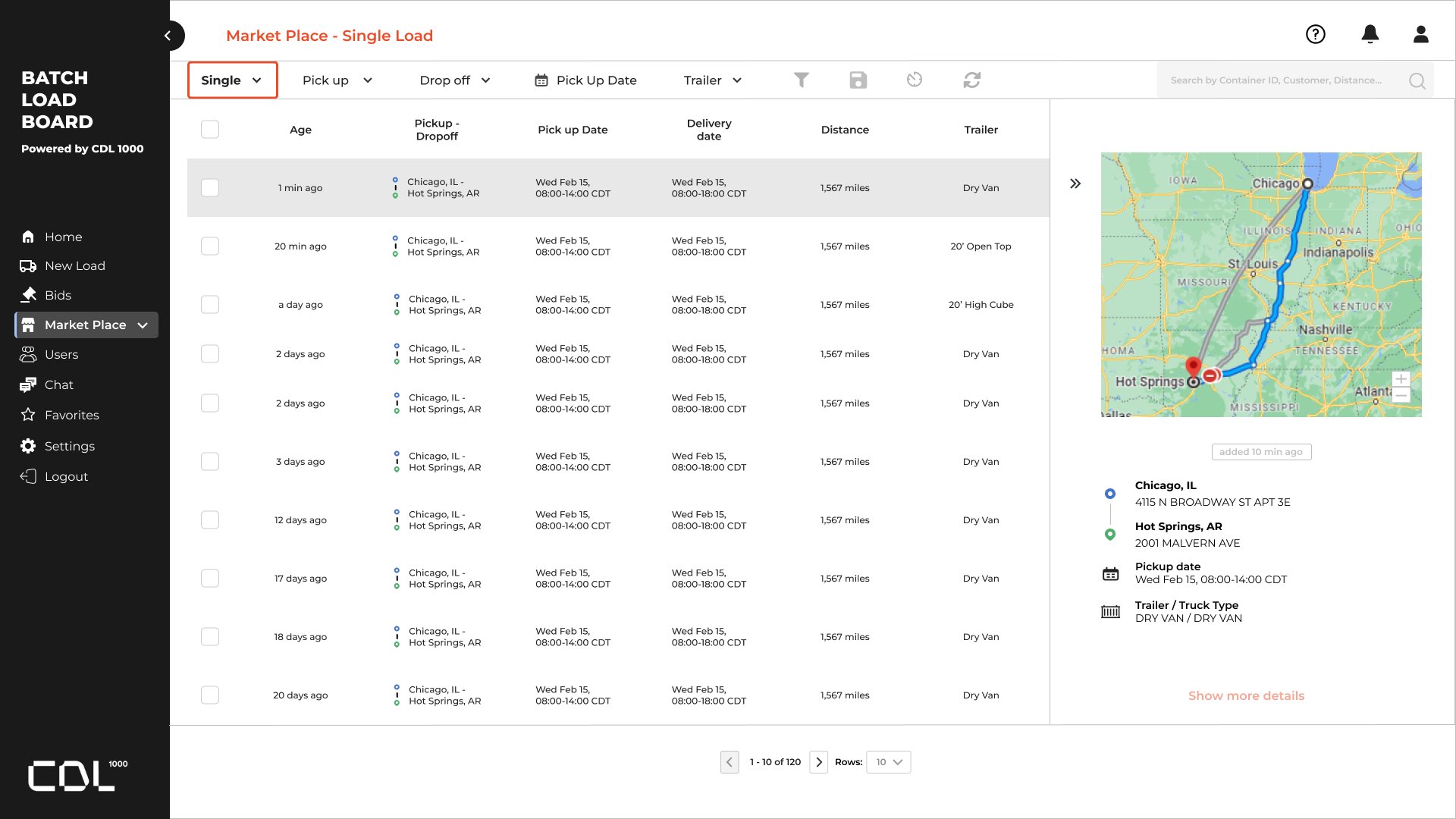 Demurrage Dash single-load list with the route map and stop details open beside it