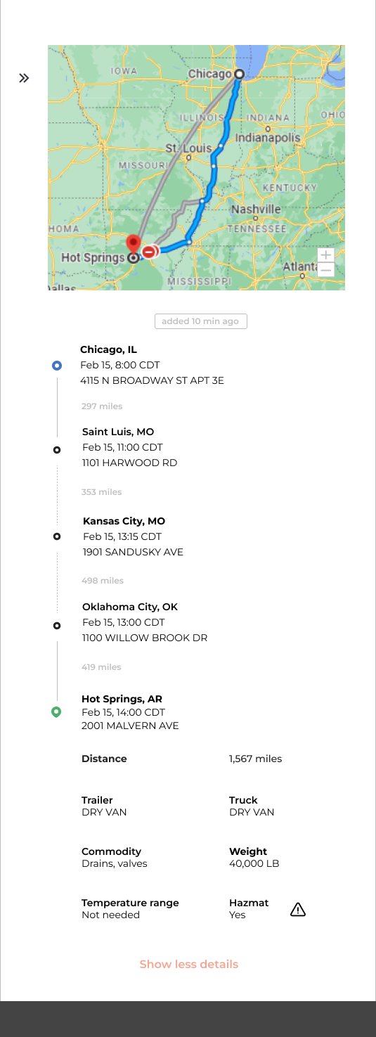 Demurrage Dash trip detail on a narrow screen, with the map, stops, and load facts stacked