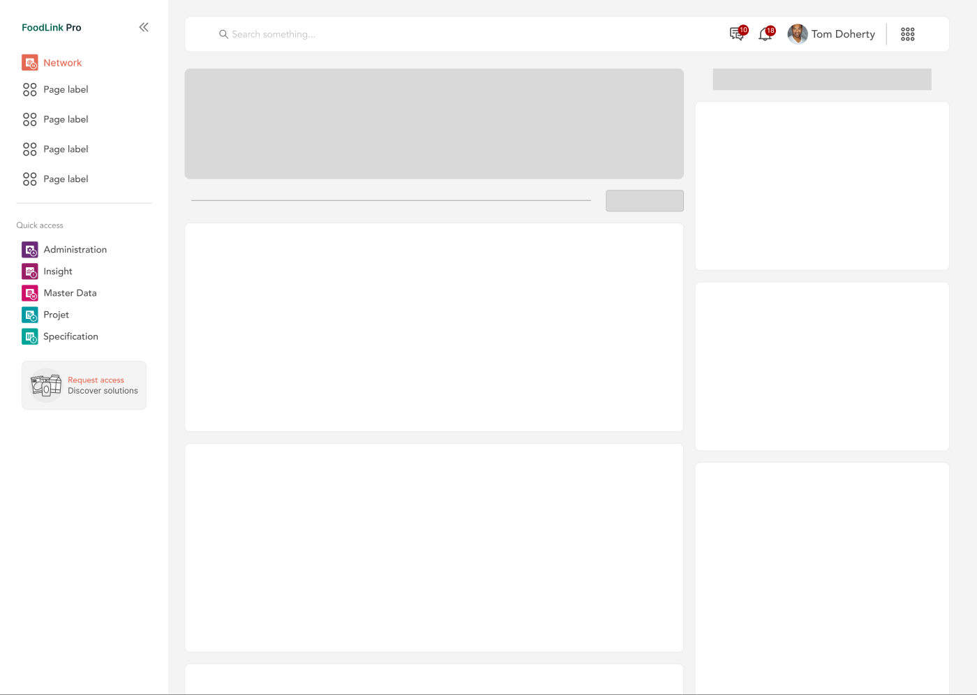 FoodLink Pro early dashboard with Network selected, primary content areas, supporting widgets, application shortcuts, and a Discover solutions entry