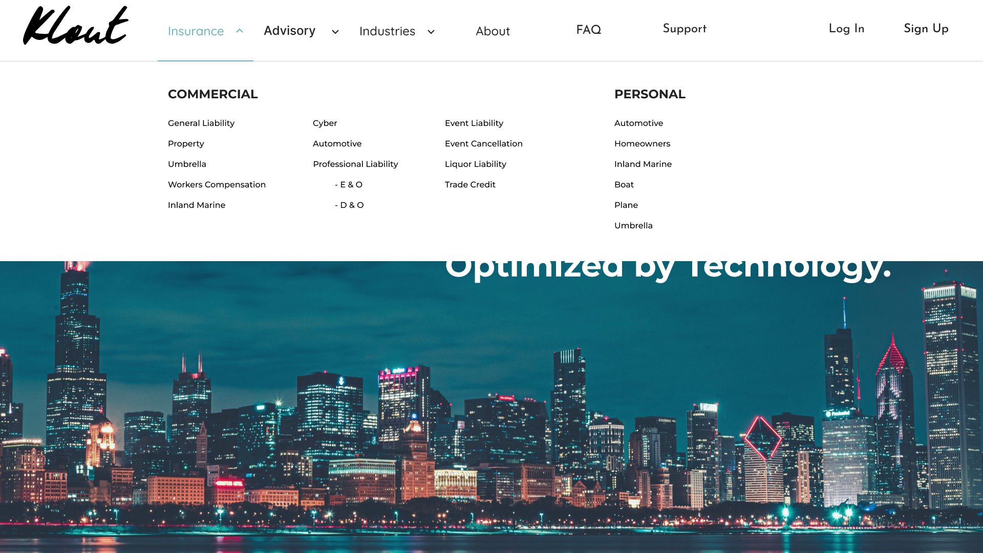 StepUP Insurance menu open over the homepage, grouping commercial and personal coverages