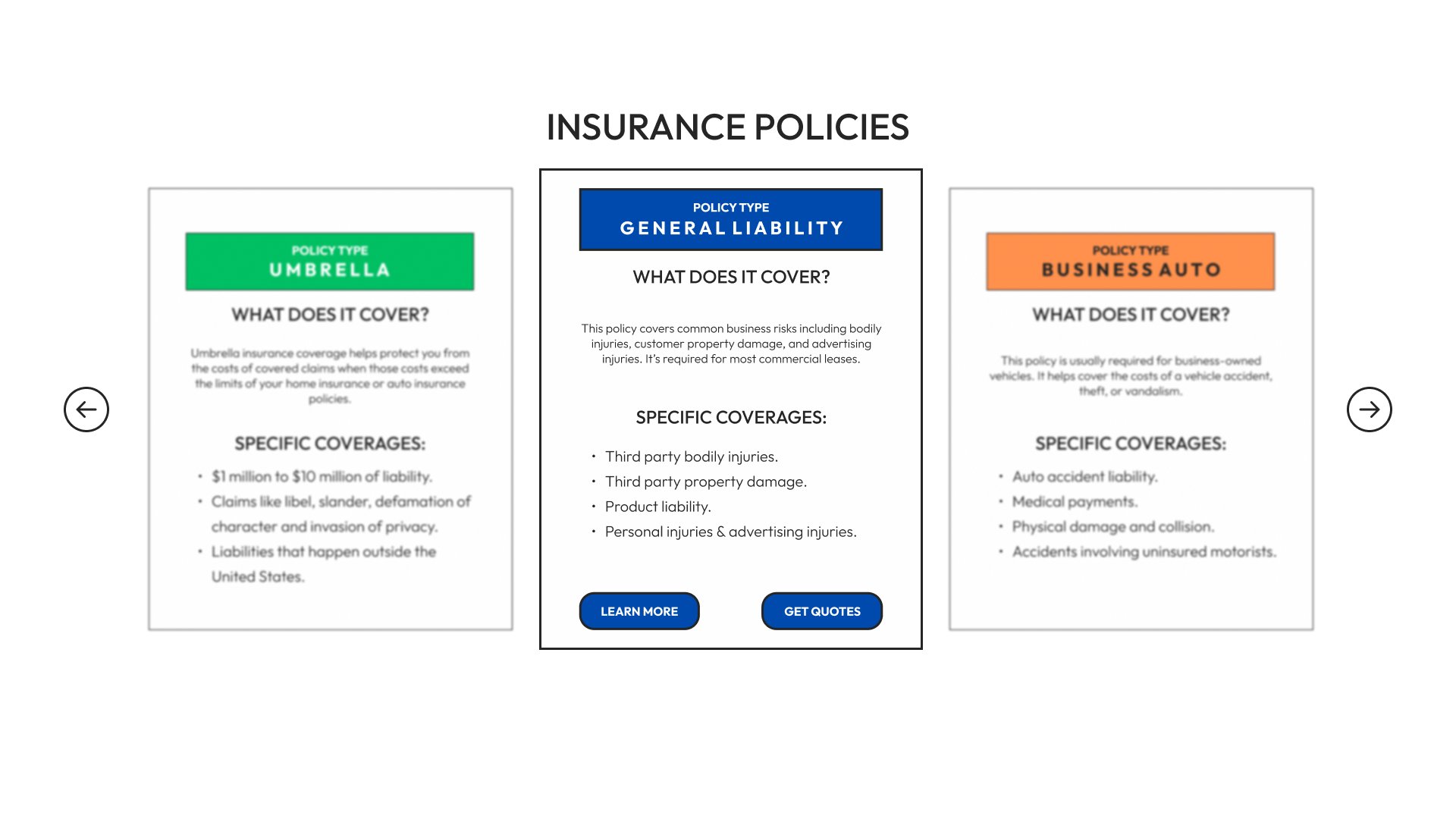 StepUP Insurance policy cards for umbrella, general liability, and business auto