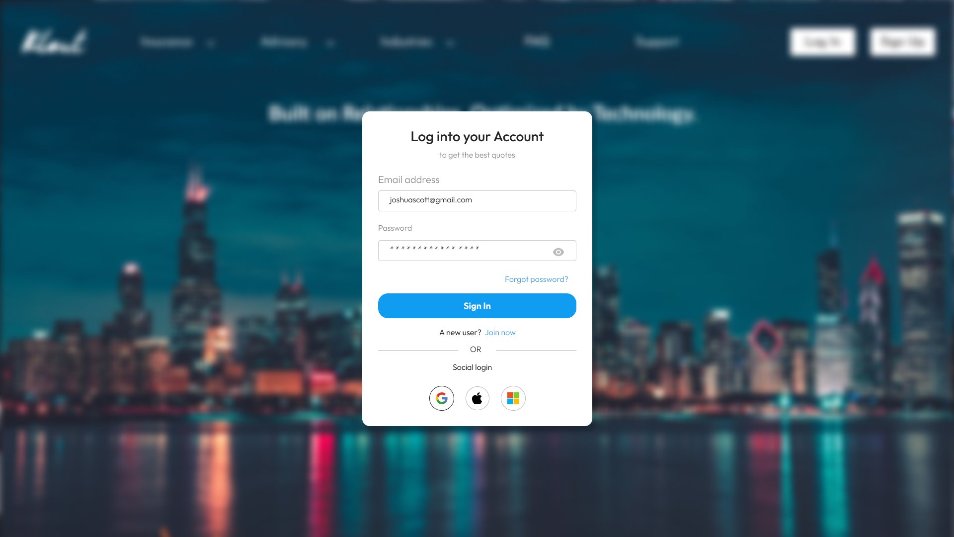 StepUP Insurance sign-in dialog over the homepage