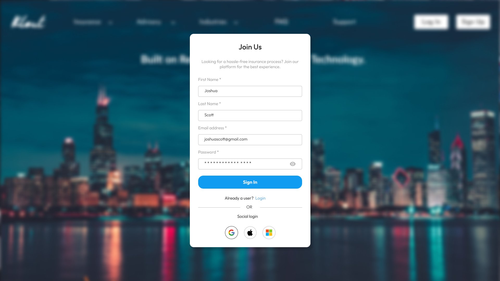 StepUP Insurance sign-up dialog over the homepage