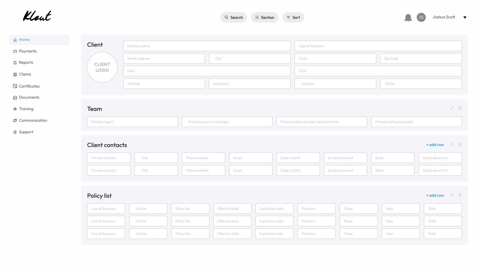 StepUP Insurance client record with client details, team, contacts, and a policy list