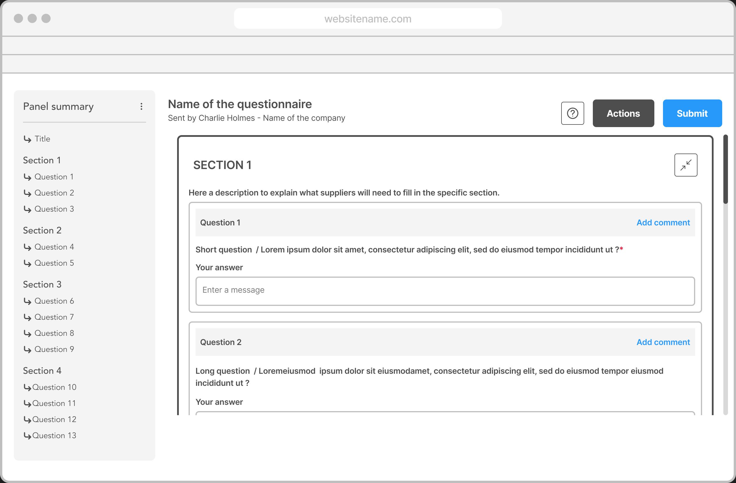 SupplyProof UX wireframe of the supplier questionnaire form with left navigation and grouped field blocks