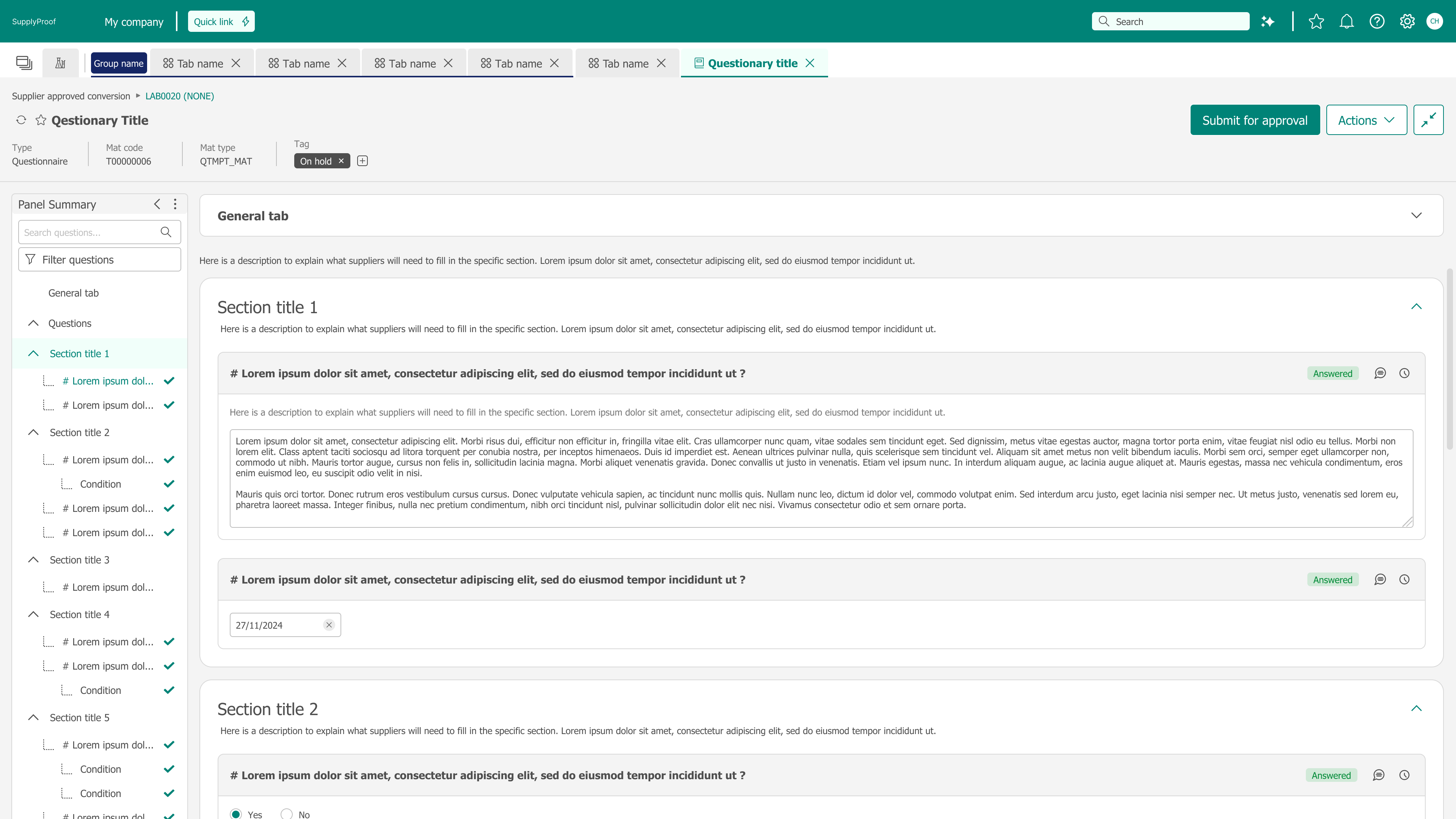 SupplyProof final UI overview showing supplier questionnaire with completed section indicators in the sidebar