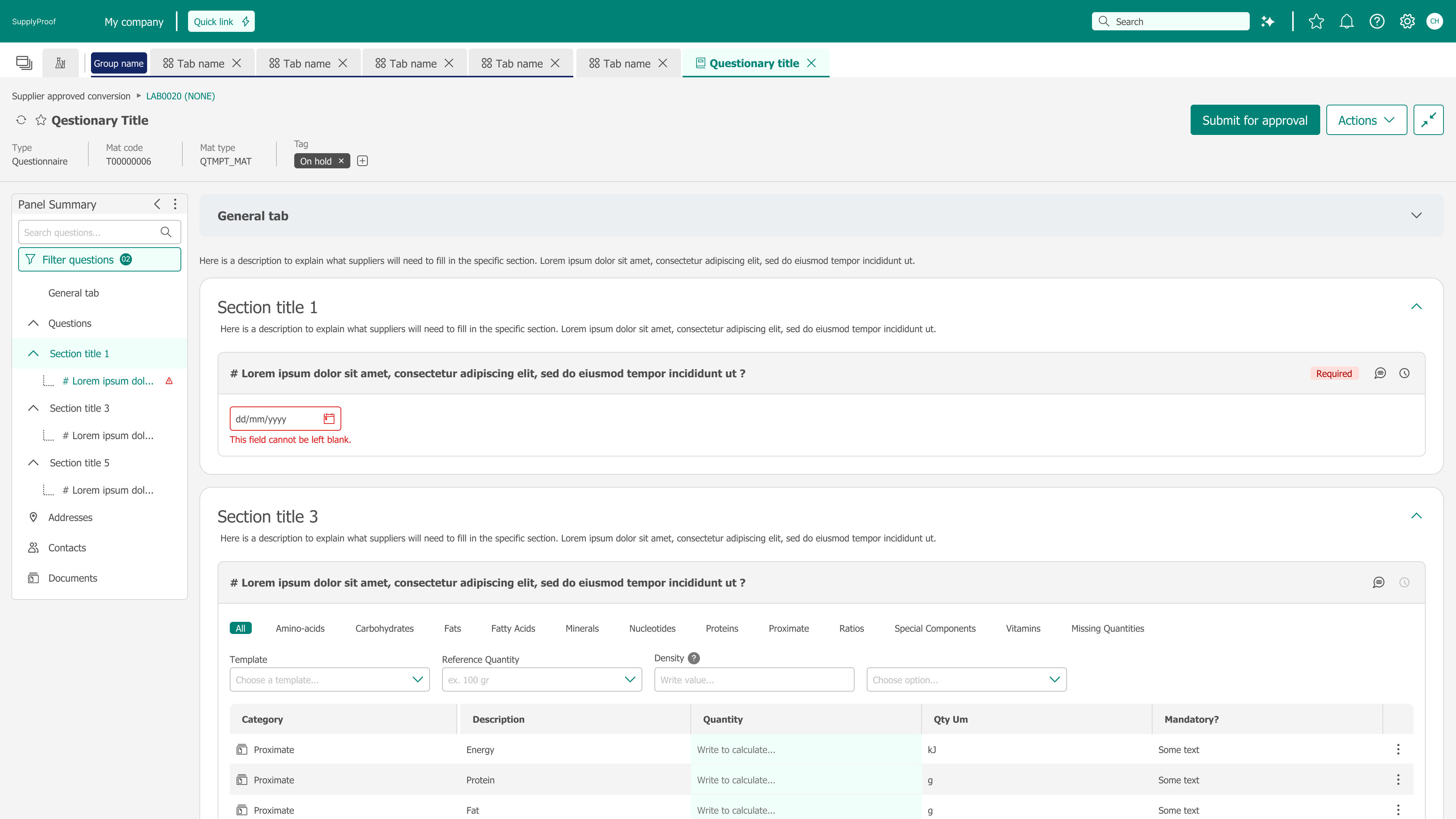 SupplyProof supplier questionnaire with filled answers and an active filter highlighting items that still need attention