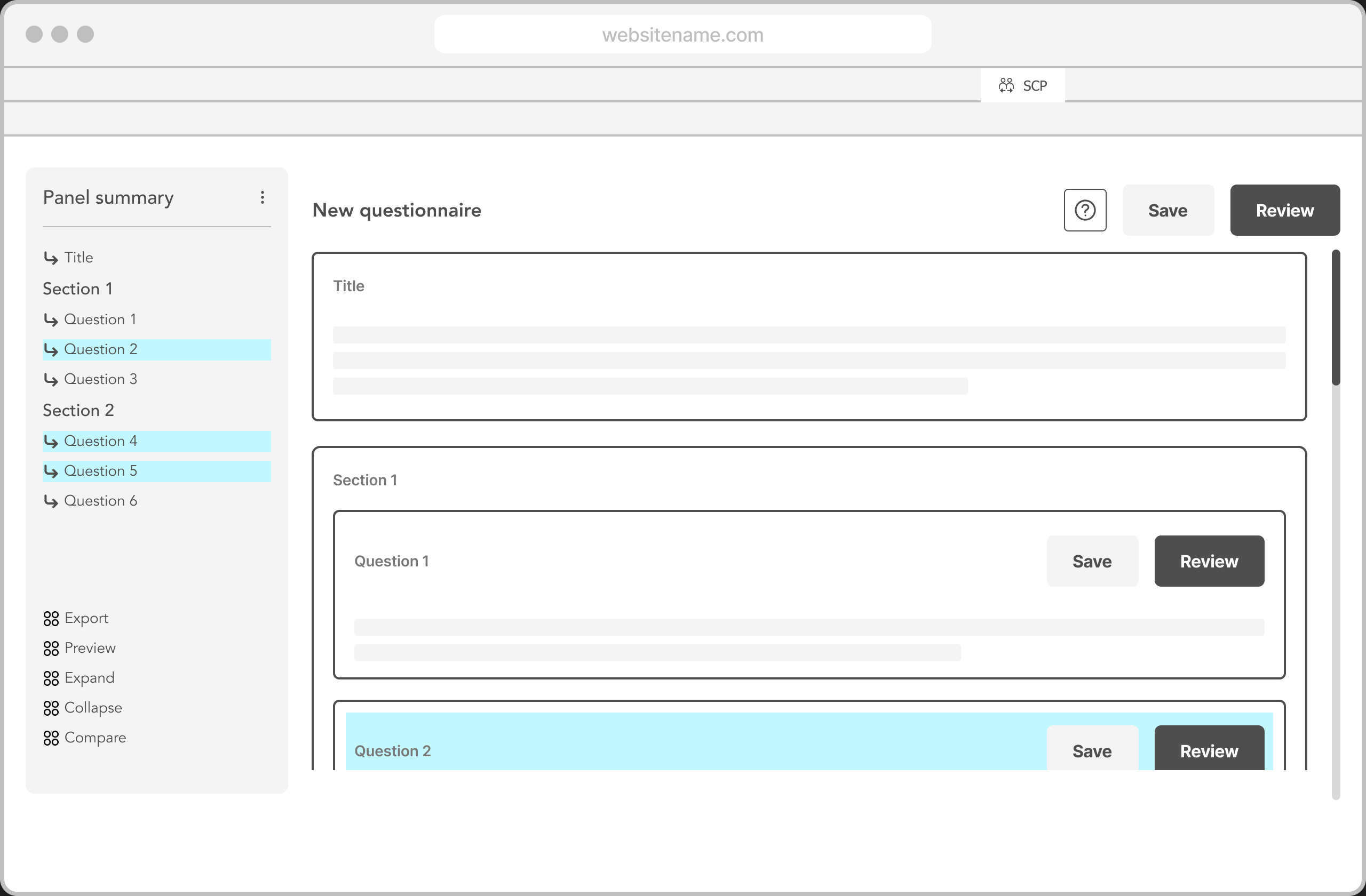 SupplyProof UX wireframe of the client reviewer view for questionnaire review